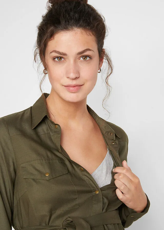 Vestido camisero premamá/de lactancia en viscosa sostenible Verde oliva oscuro