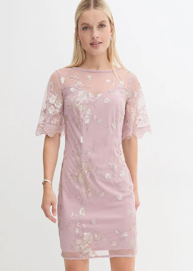 Vestido con bordado de lentejuelas Rosa palo de flores
