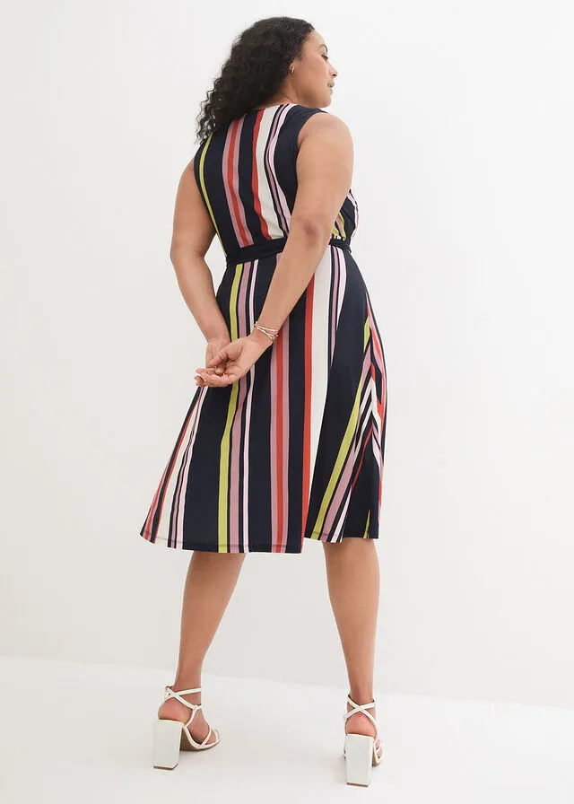Vestido con cinturón Azul marino/pistacho de rayas