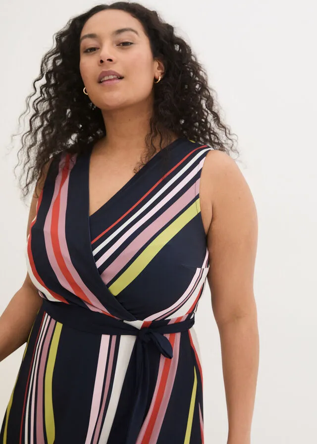 Vestido con cinturón Azul marino/pistacho de rayas
