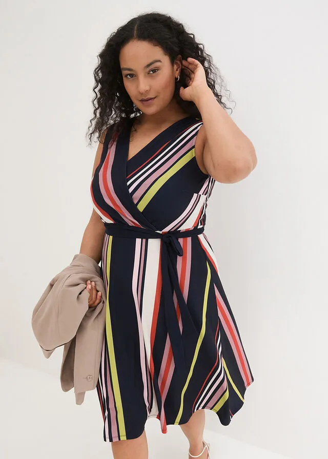 Vestido con cinturón Azul marino/pistacho de rayas