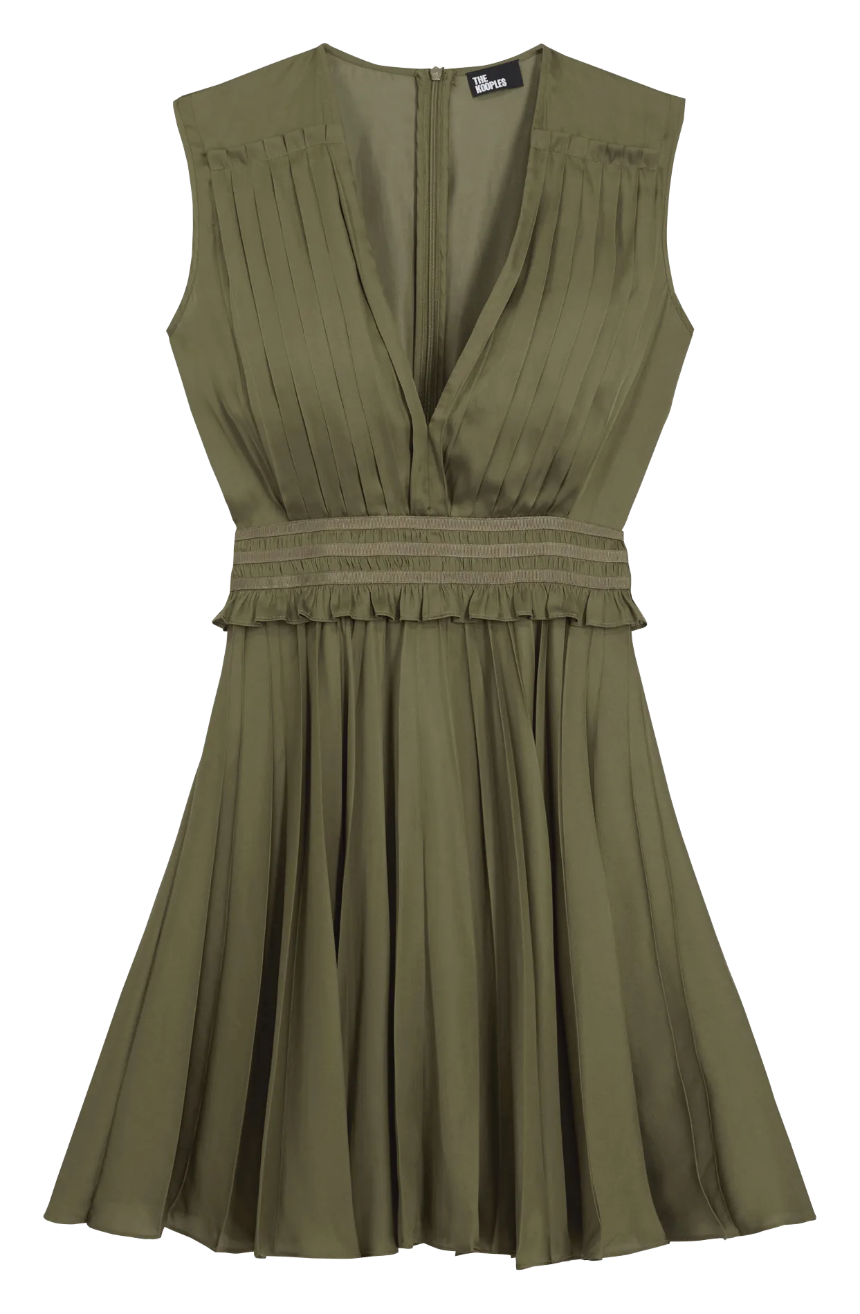 Vestido corto plisado con cuello de pico en marron