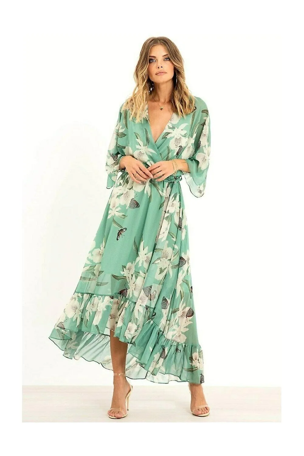 Vestido cruzado midi de color kimono menta con estampado floral Yumi para mujer