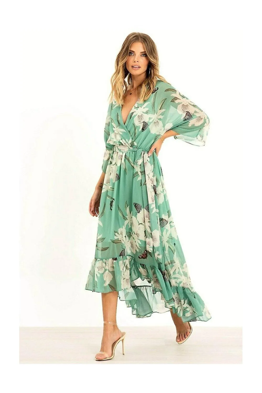 Vestido cruzado midi de color kimono menta con estampado floral Yumi para mujer