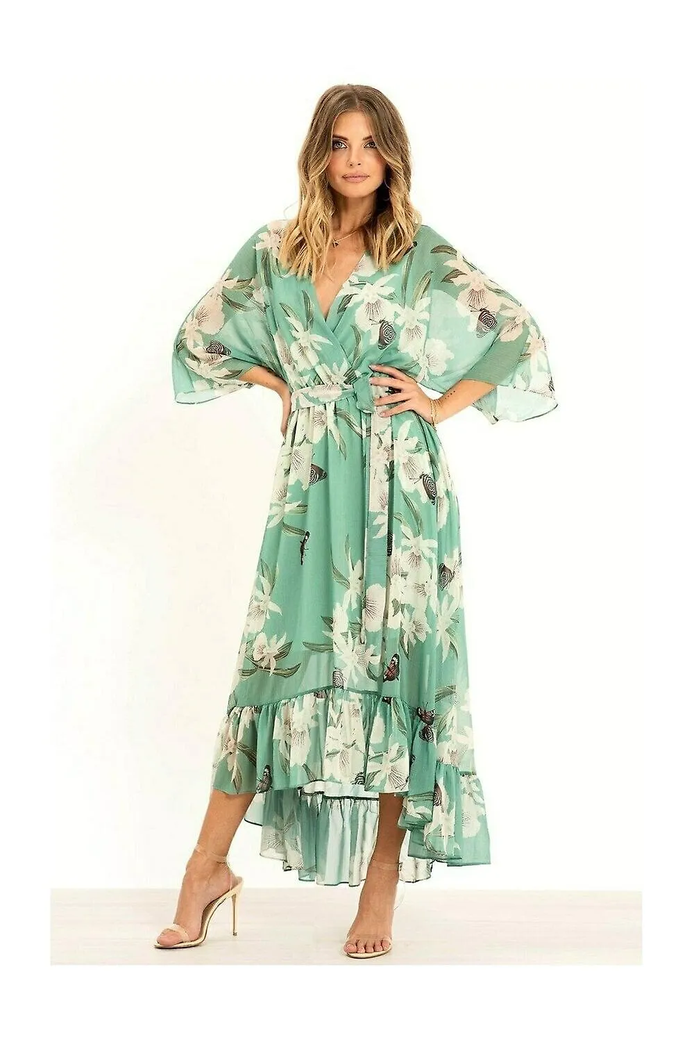 Vestido cruzado midi de color kimono menta con estampado floral Yumi para mujer