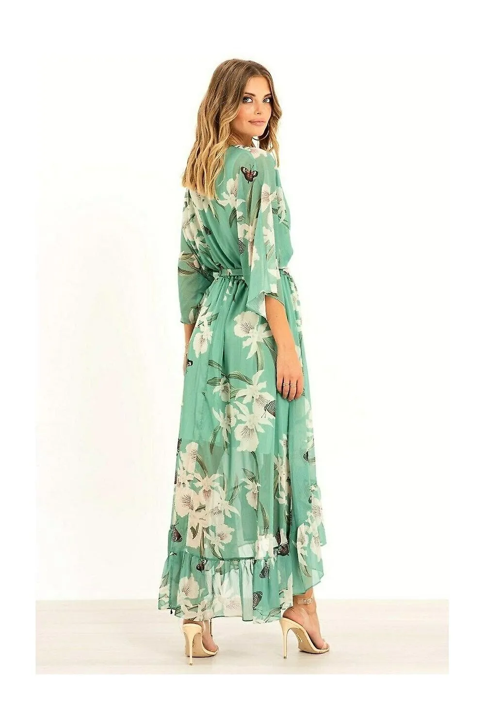 Vestido cruzado midi de color kimono menta con estampado floral Yumi para mujer