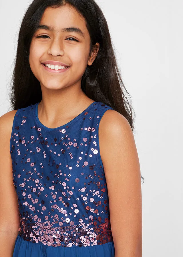 Vestido de fiesta para niñas con cola de tul. Azul noche