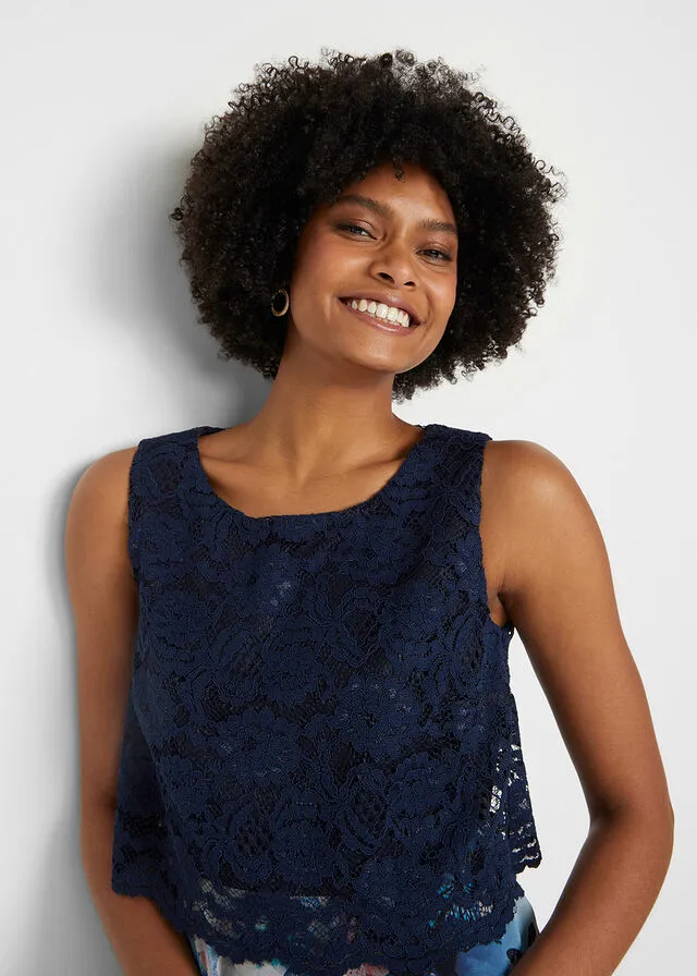 Vestido de gasa con encaje Azul marino de flores