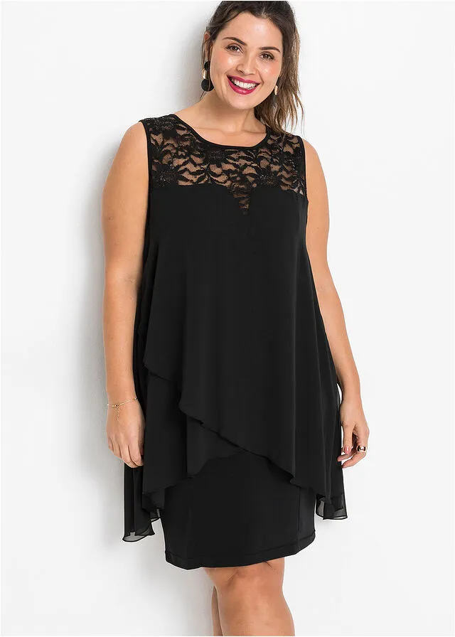 Vestido de punto con gasa Negro