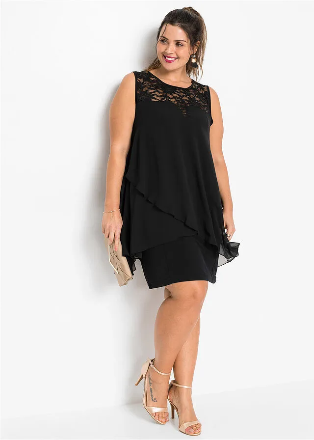 Vestido de punto con gasa Negro