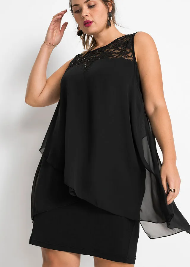 Vestido de punto con gasa Negro