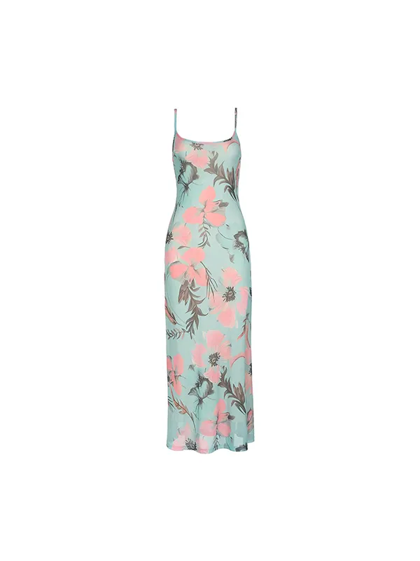 Vestido largo con cinturón y tirantes de malla con estampado floral romántico