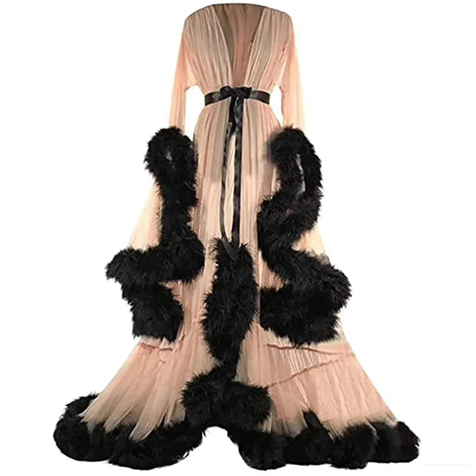 Vestido largo de las mujeres Plumas acampanadas Vestido de mangas acampanadas Perfecto para despedidas de soltera