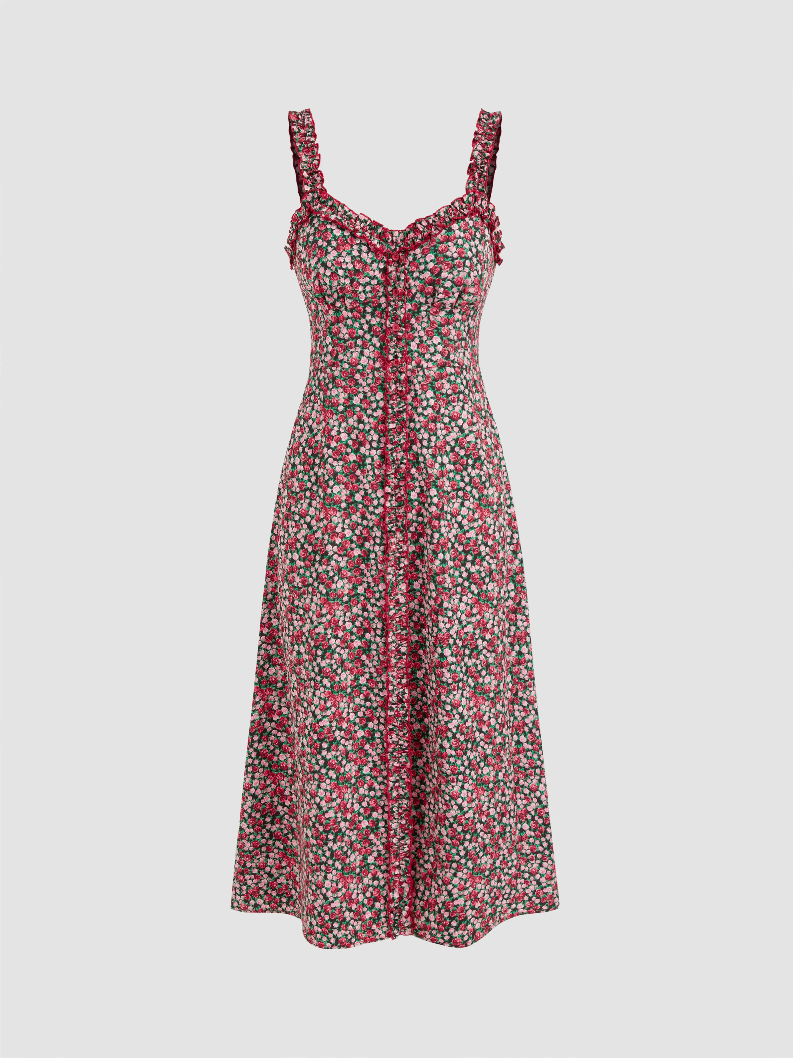  Vestido Midi con Ribete de Lechuga Floral Ditsy con Escote Redondo