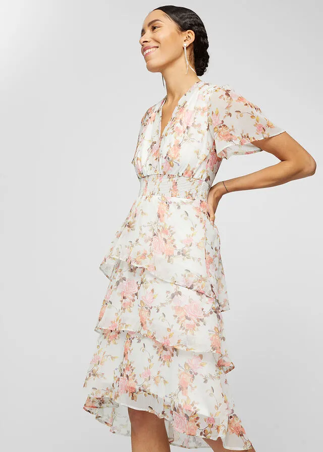 Vestido midi de flores con volantes Blanco de flores