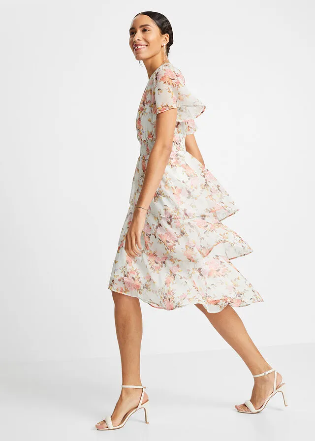 Vestido midi de flores con volantes Blanco de flores