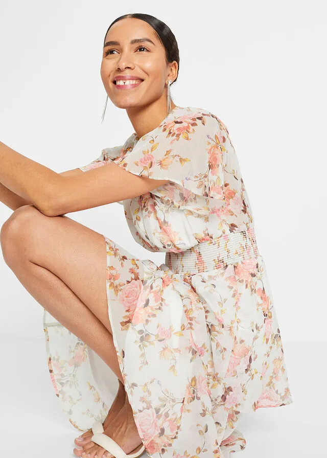Vestido midi de flores con volantes Blanco de flores