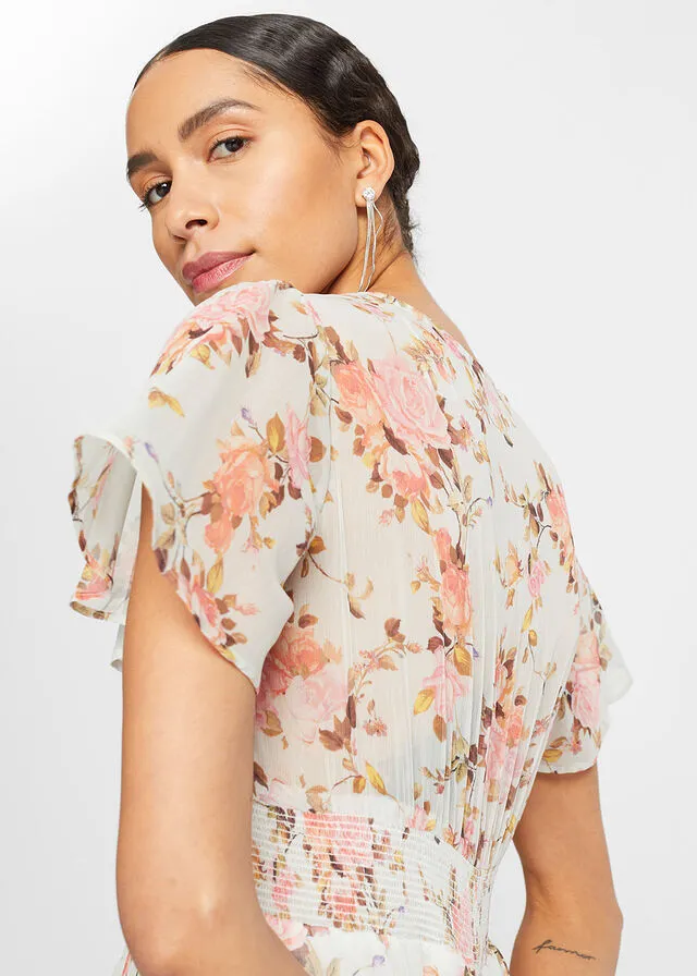 Vestido midi de flores con volantes Blanco de flores