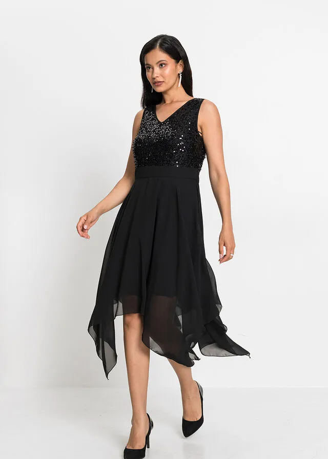 Vestido midi de noche con lentejuelas Negro