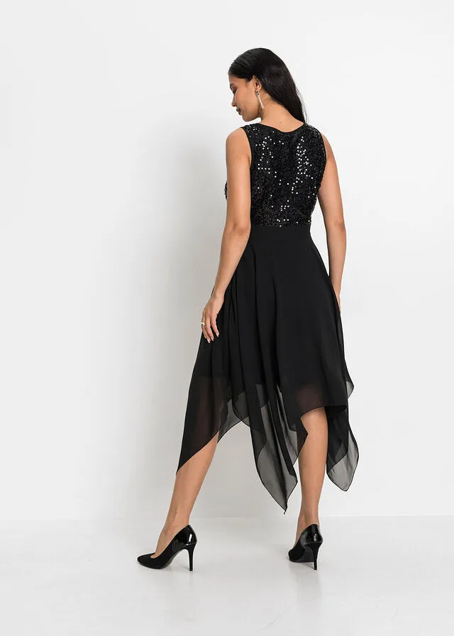 Vestido midi de noche con lentejuelas Negro