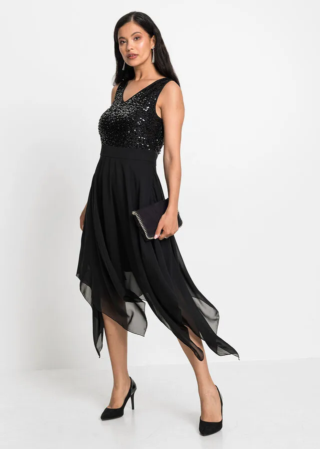 Vestido midi de noche con lentejuelas Negro