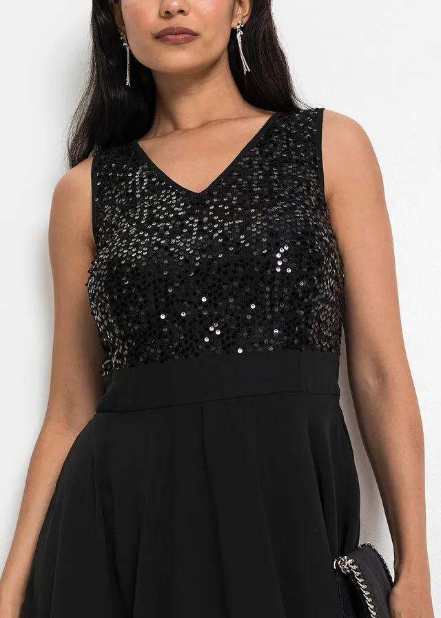 Vestido midi de noche con lentejuelas Negro