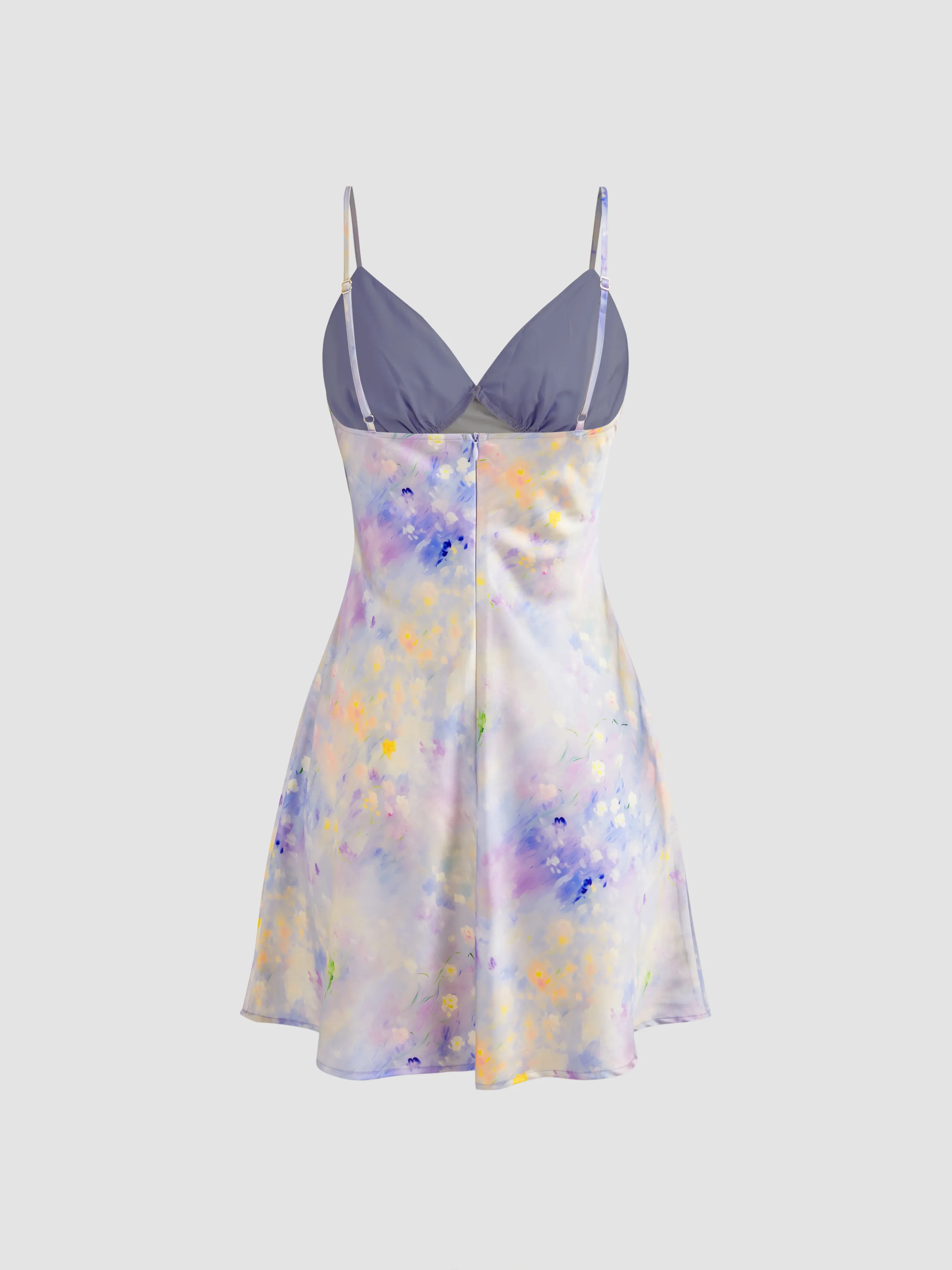 Vestido Mini de Satén con Cuello en V y Estampado Floral Tie Dye