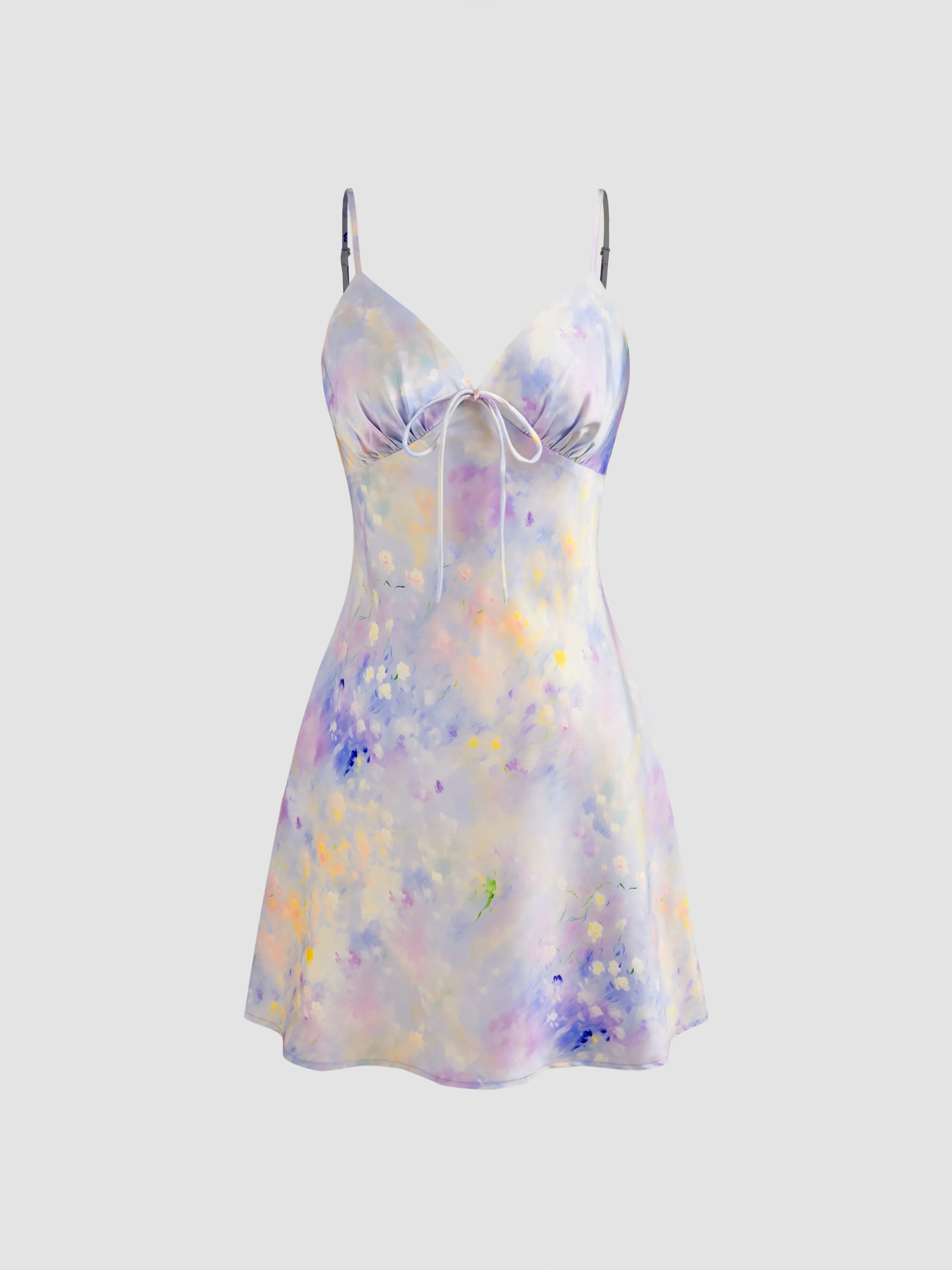 Vestido Mini de Satén con Cuello en V y Estampado Floral Tie Dye