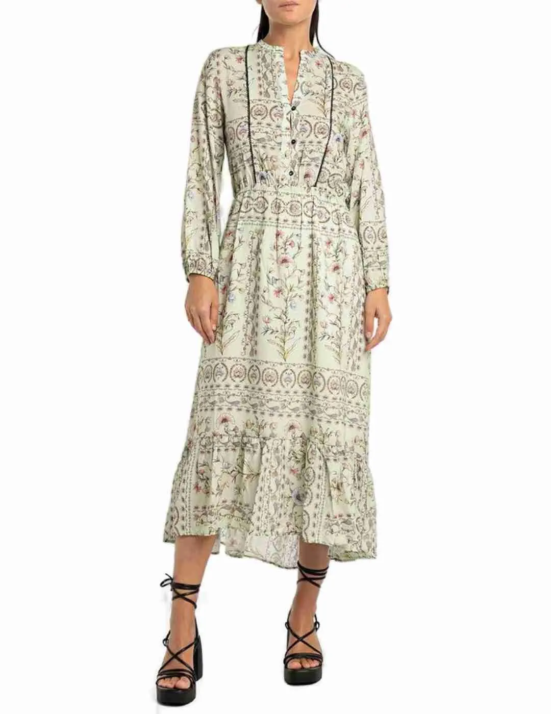 Vestido Replay largo estampado floral manga larga de mujer