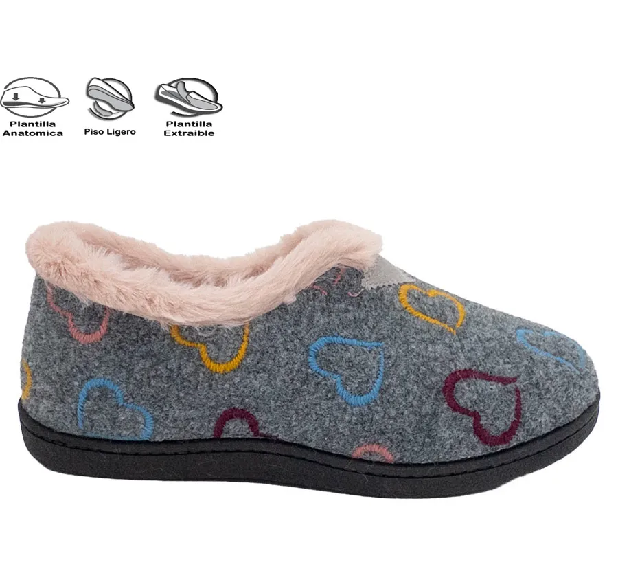 ZAPATILLA ROAL R12022 CASA PARA MUJER MUY CÓMODA CORAZONES GRIS PANTUFLA CON PLANTILLA EXTRAÍBLE PLUMAFLEX 28607